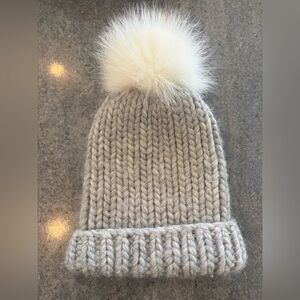 Eugenia Kim | 100% Wool - Light Gray Knit Beanie with Cream Fur Pom-Pom